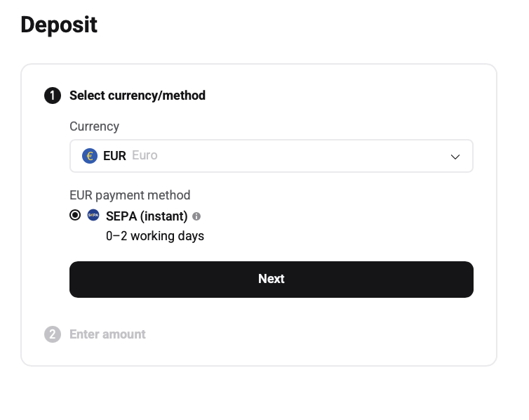 Bitget EUR deposit screen with SEPA Instant option for European users