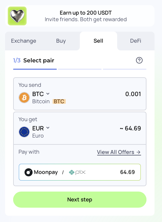 Changelly Sell tab showing BTC to EUR with MoonPay as the provider