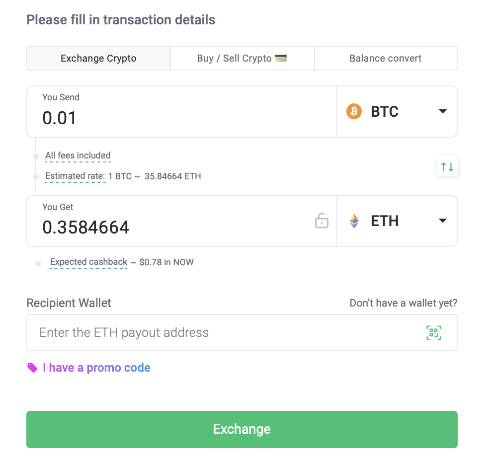 ChangeNOW swap interface showing the recipient wallet address field for a BTC to ETH conversion