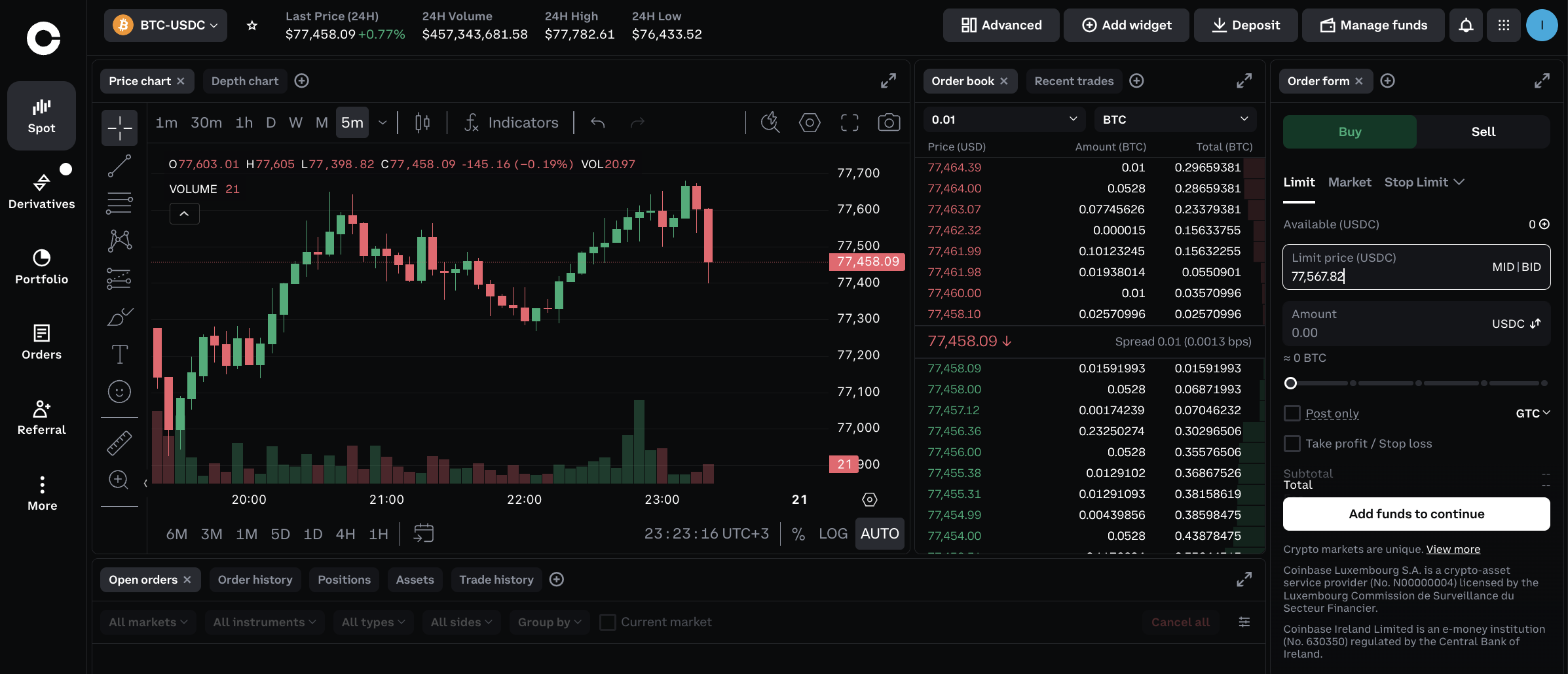 Coinbase Advanced trading interface showing BTC/EUR spot with order book, depth chart and price action visible