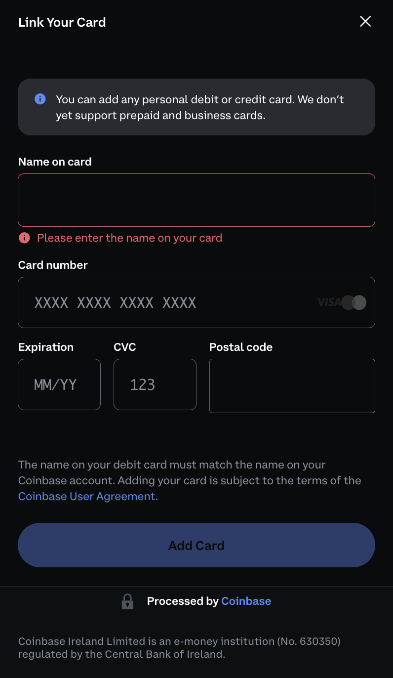 Coinbase card and payment method linking screen showing credit card, debit card and bank transfer options
