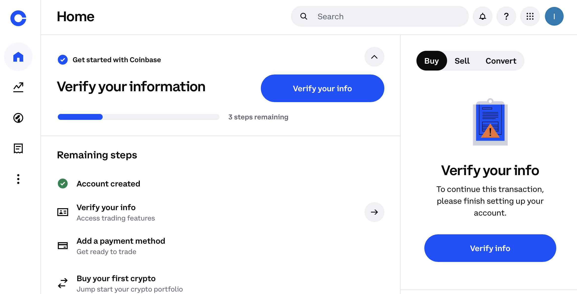 Coinbase home screen showing verification required before any buying or depositing is available