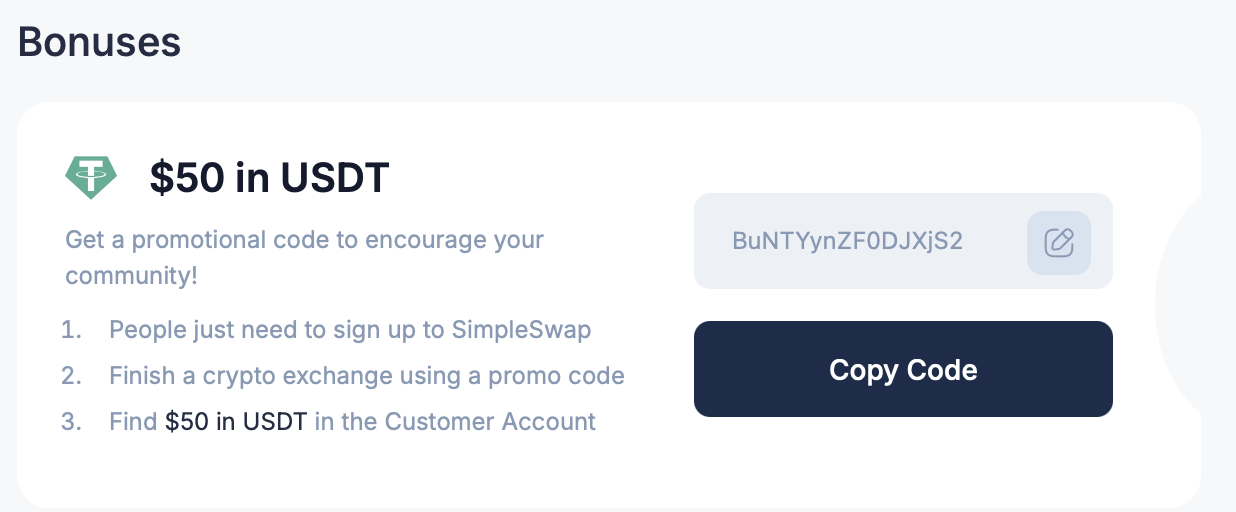SimpleSwap affiliate dashboard showing promo code and $50 USDT offer description