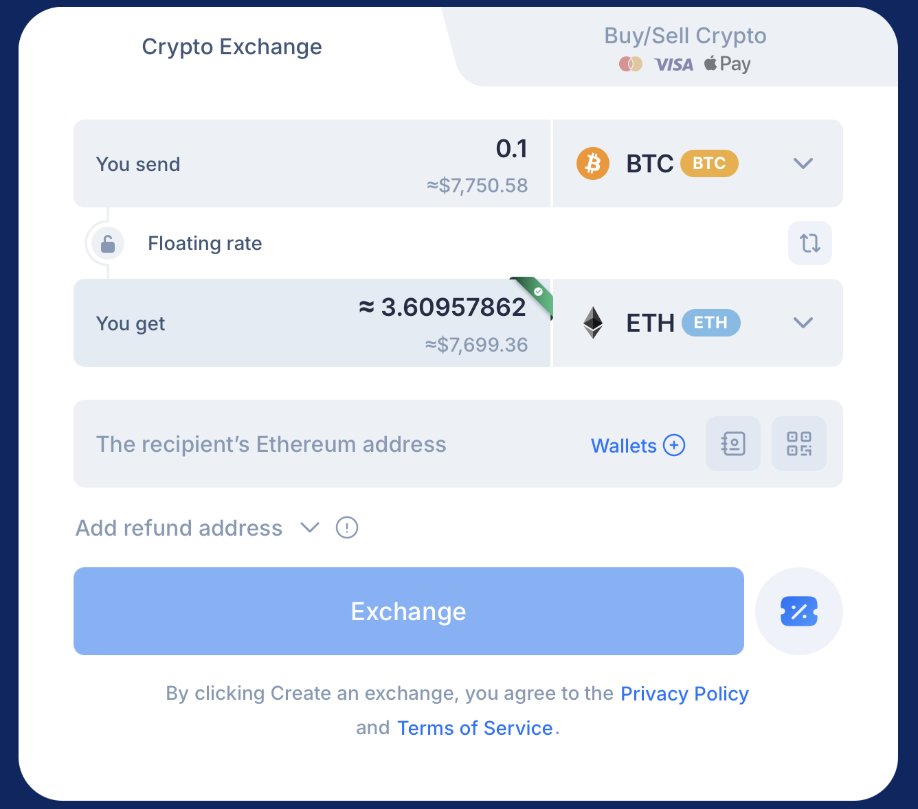 SimpleSwap exchange interface showing BTC to ETH swap with floating rate visible