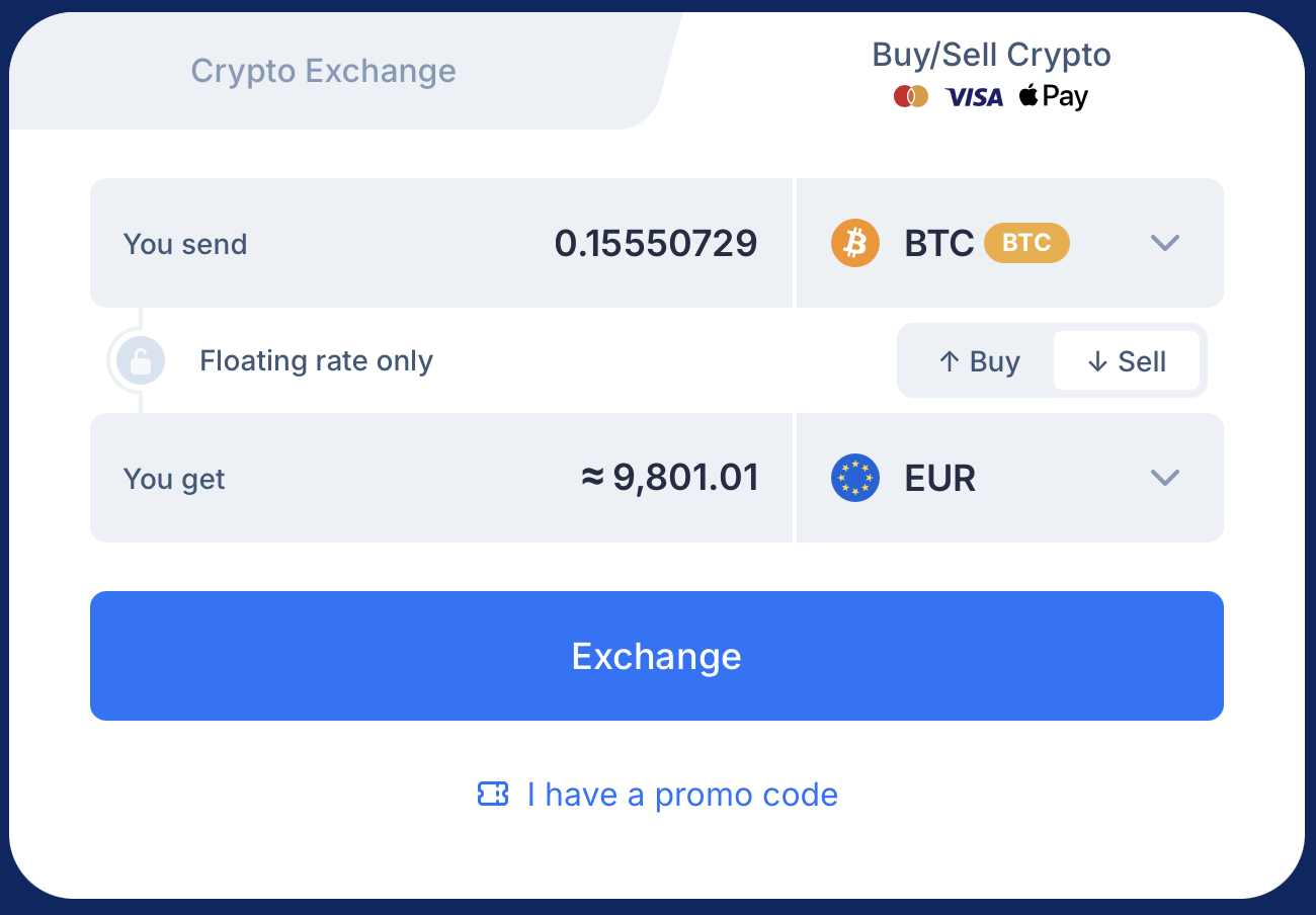 SimpleSwap Sell tab showing BTC to EUR with floating rate and estimated EUR payout
